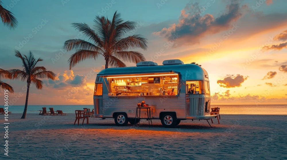 Sunset beach scene with a camper van glowing warmly under the palm trees Sunset beach scene with a camper van glowing warmly under the palm trees