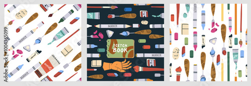 Art supplies, tools pattern. Seamless background design, creative stationery print. Flat vector illustrations set for wrapping.