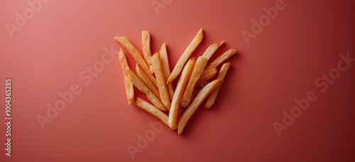 Heart-Shaped Arrangement of Crispy French Fries on Red Background