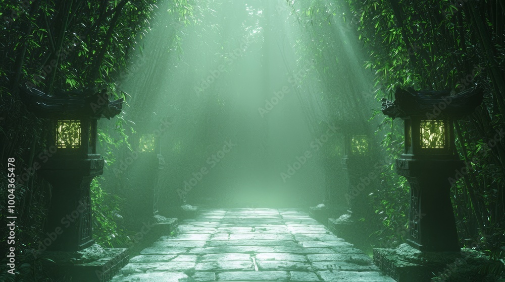 Obraz premium Eerie Ancient Chinese Bamboo Forest with Ghostly Apparitions and Lanterns at Night