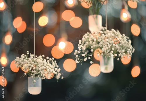 White Flowers Hanging From String Lights