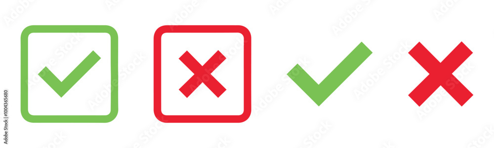 check mark icon button set. check box icon with right and wrong buttons and yes or no checkmark icons in green tick box and red cross check mark icon button set. check box icon with right and wrong buttons and yes or no checkmark icons in green tick box and red cross