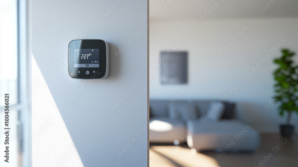 Modern smart thermostat on a wall in a minimalistic living room interior Modern smart thermostat on a wall in a minimalistic living room interior