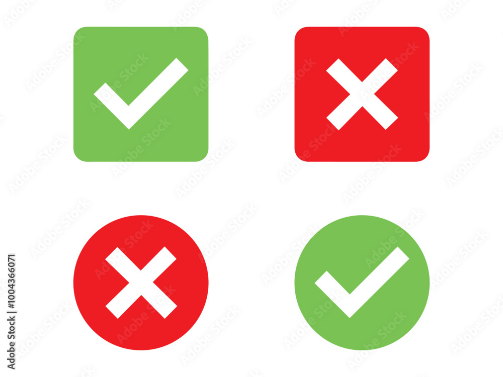 check mark icon button set. check box icon with right and wrong buttons and yes or no checkmark icons in green tick box and red cross check mark icon button set. check box icon with right and wrong buttons and yes or no checkmark icons in green tick box and red cross