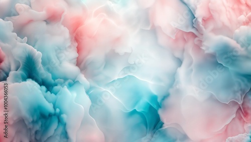 Abstract swirling clouds in soft pastel colors of pink, blue, and white creating a dreamy atmosphere