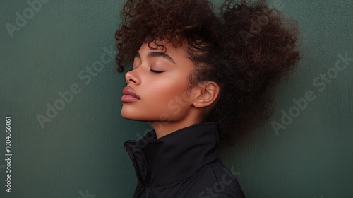 Young woman with curly hair poses gracefully against a green background in na...