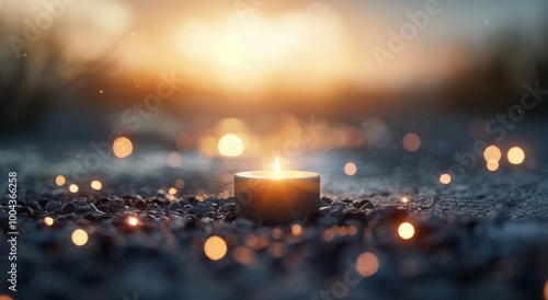 White Candle Lit at Dusk on a Calm Shore With Glowing Sunset Background
