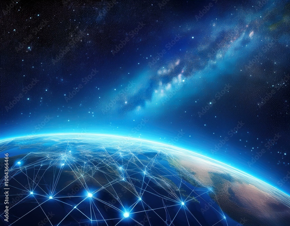 Obraz premium The surface of the earth in the stary space with abstruct internect connection image photo lightning connections