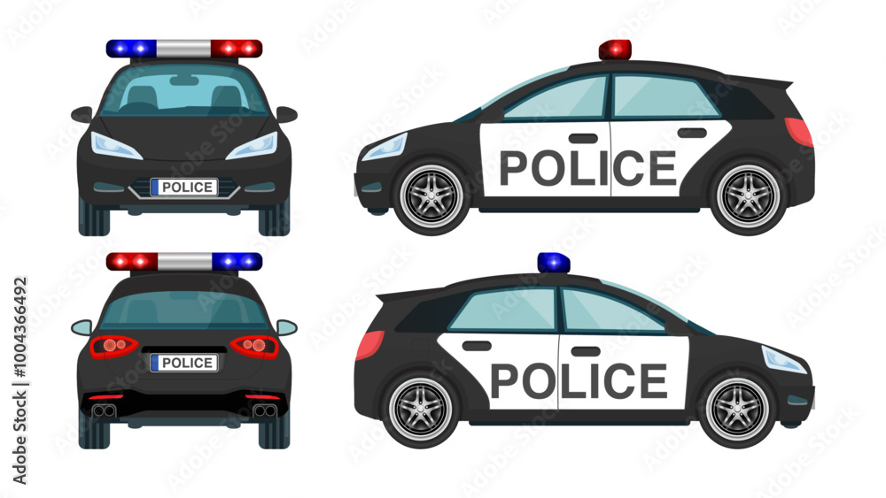 Police Car Mockup: Front, Back and Side Views with Flashing Lights, Siren, and Emblems – Vector. Police Car Mockup: Front, Back and Side Views with Flashing Lights, Siren, and Emblems – Vector.
