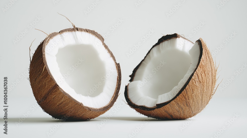Two halves of a coconut are shown, one of which is open. Concept of freshness and natural beauty, as coconuts are often associated with tropical climates and exotic fruits Two halves of a coconut are shown, one of which is open. Concept of freshness and natural beauty, as coconuts are often associated with tropical climates and exotic fruits