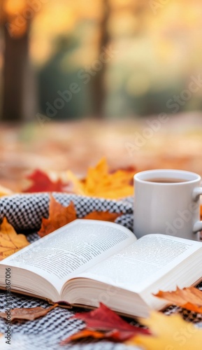 Cozy reading with a warm drink in a park filled with autumn leaves during the...