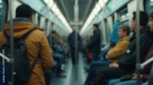 Grainy and blurry image of people traveling in a subway car. Concept of daily use of public transport