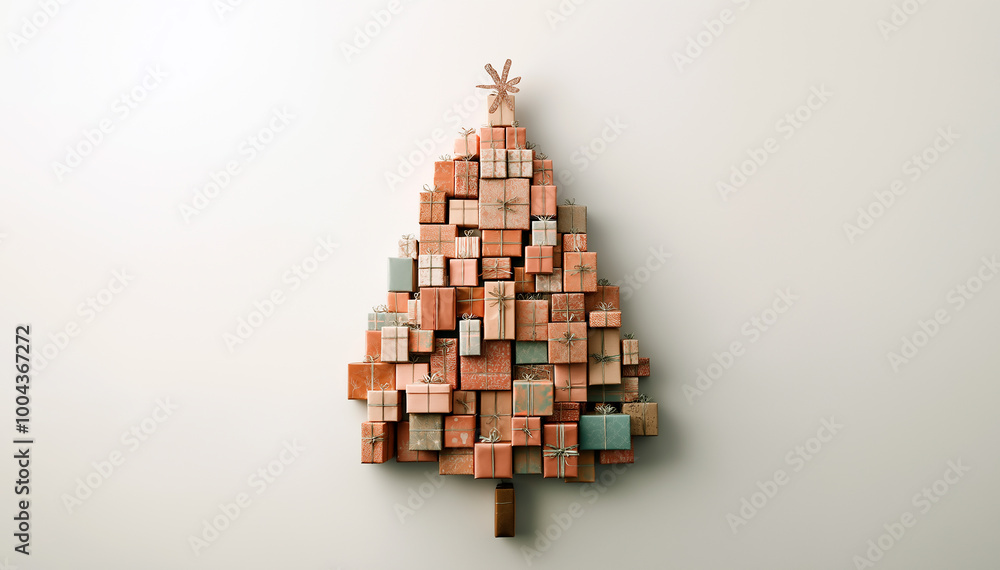 A Christmas tree crafted from gift boxes on a blue background A Christmas tree crafted from gift boxes on a blue background
