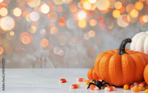 Festive Halloween Decorations With Pumpkins and Candy Corn on a Table