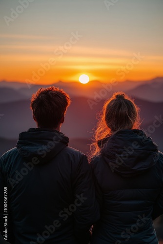 Couple stands together at sunset above the clouds on a mountain peak
