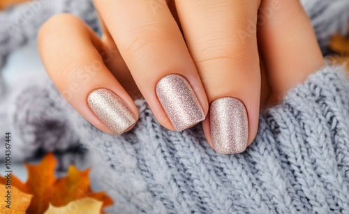 Elegant autumn manicure with glitter polish and cozy sweater among fallen leaves