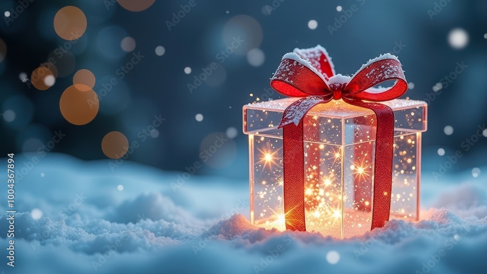 translucent gift box with glowing lights inside, tied with red ribbon bow, placed in snow outdoors, falling snow, nighttime, festive banner with copy space. holiday magic, spirit of giving, Christmas. translucent gift box with glowing lights inside, tied with red ribbon bow, placed in snow outdoors, falling snow, nighttime, festive banner with copy space. holiday magic, spirit of giving, Christmas.
