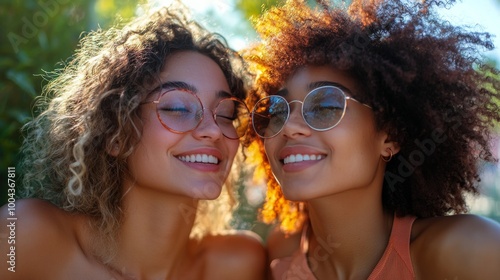 Friends enjoying a winter day outdoors, sharing laughter while looking at a s...