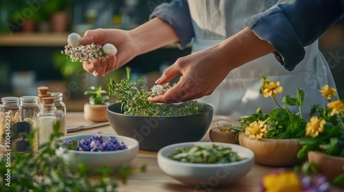 A person preparing fresh herbs and flowers in a kitchen setting for culinary use.