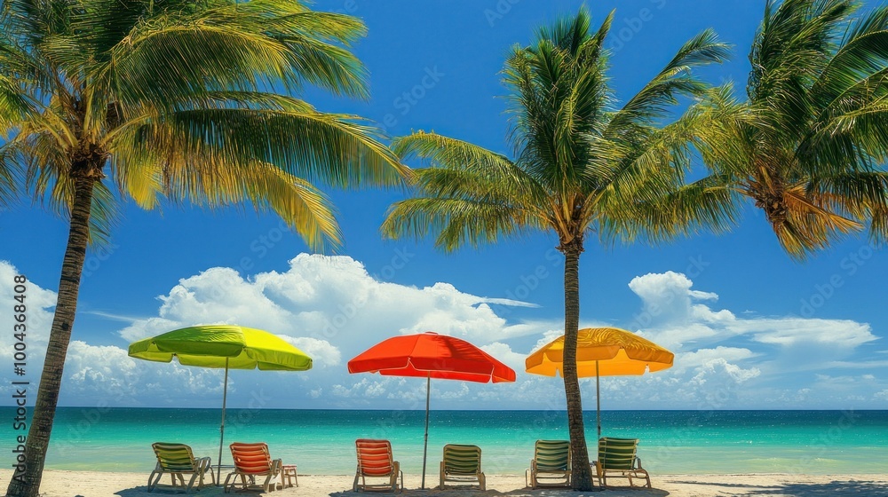 Tropical Beach Paradise with Colorful Umbrellas Tropical Beach Paradise with Colorful Umbrellas