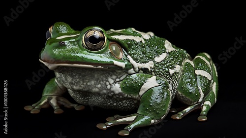 A green and white frog with large, black eyes sits on a black background.