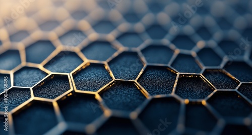 Hexagonal pattern of metallic mesh on a textured surface during golden hour