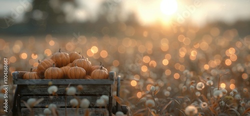 Pumpkins in Cart Under Sunset at Pumpkin Field