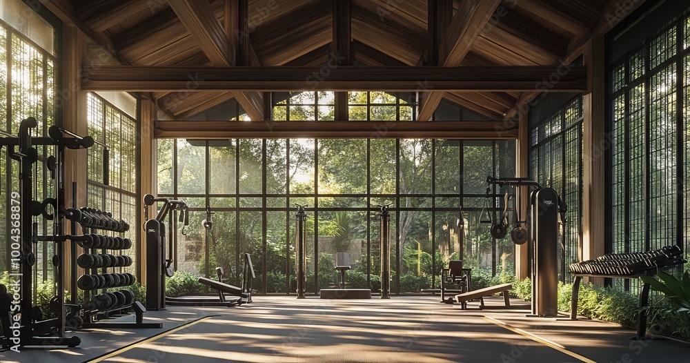 Elegant Gym Interior with Panoramic Windows and Modern Design, AI generated illustration Elegant Gym Interior with Panoramic Windows and Modern Design, AI generated illustration