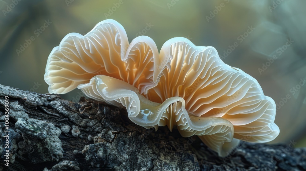 Fototapeta premium macro photograph of a vibrant orange mushroom with large gills, growing on a branch in the tropical rainforest, captured in stunning detail with soft natural lighting, highlighting its organic beauty