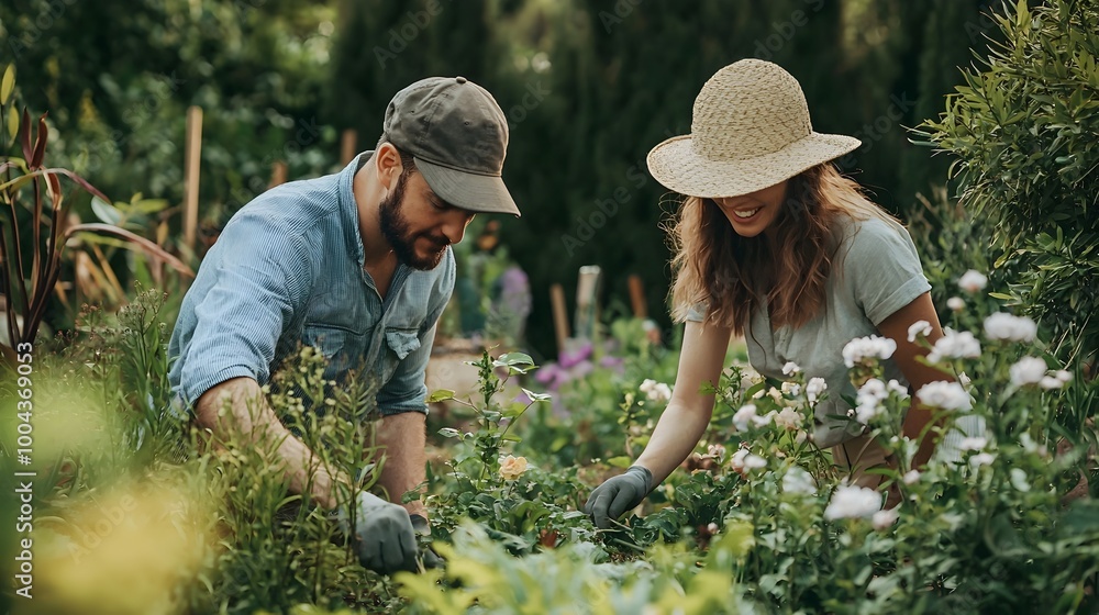 Couple Enjoying a Peaceful Gardening Session on a Sunny Weekend
