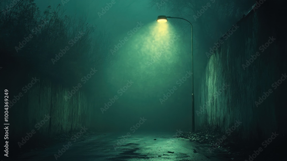 A solitary streetlamp illuminates a foggy, deserted alleyway. A solitary streetlamp illuminates a foggy, deserted alleyway.