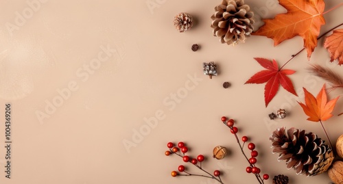 Autumnal Decorations on Beige Background