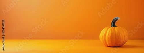 Single Orange Pumpkin on Smooth Orange Background in Autumn Setting