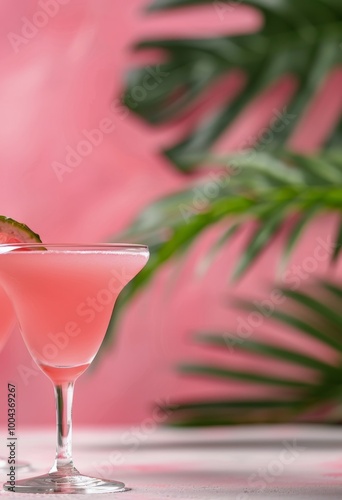 Pink Cocktail With Tropical Leaf on a Pink Background