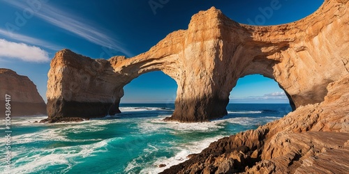 Majestic Coastal Cliffs - Natural Arch and Turquoise Waters. photo