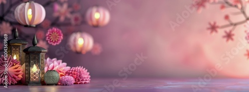 Pink Lanterns Hanging With Floral Decorations in a Serene Setting at Dusk
