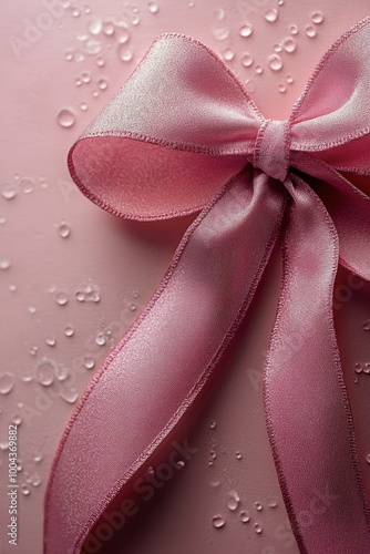 Pink satin ribbon bow on textured surface with water droplets
