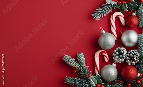 Festive Christmas Decorations With Ornaments, Candy Canes, and Pine on Red Ba...