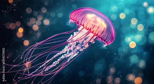 A colorful jellyfish floating gracefully in the deep sea during twilight hours