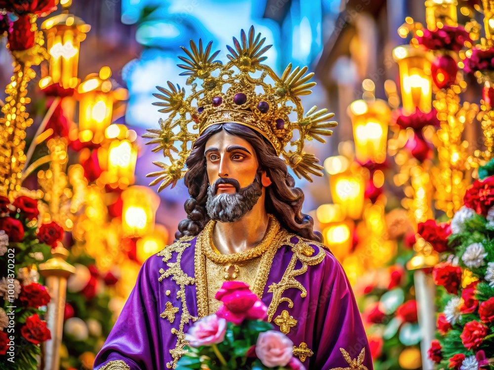 Fototapeta premium Vibrant Holy Week Celebrations with Colorful Decorations and Symbolic Religious Imagery in Various Settings