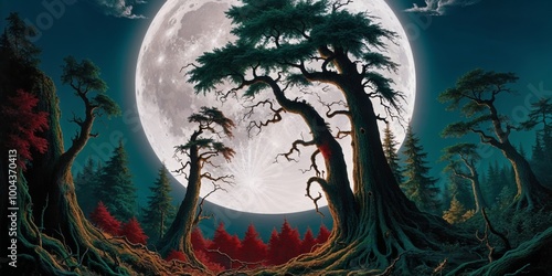 horror forest at night with full moon in the sky.