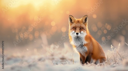 Red Fox in Frosty Winter Landscape During Golden Hour