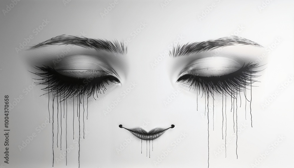 Obraz premium Minimalistic art background featuring thin lines of half-closed eyes and a slight smile in black and white