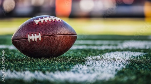 A close-up of a football resting on a green field with white yard lines.