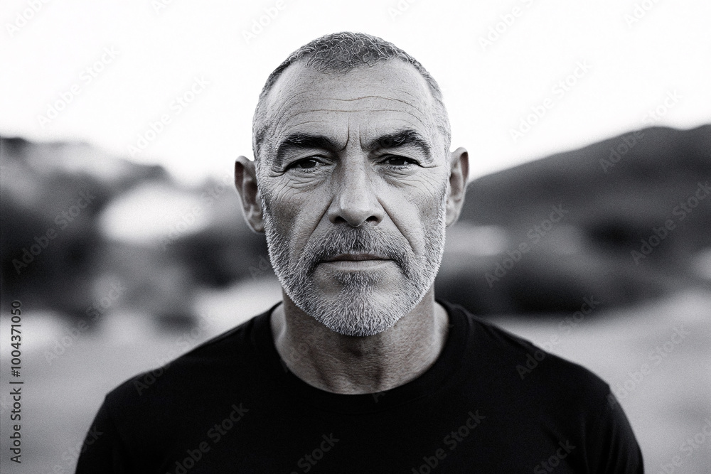 A monochrome portrait captures a bearded man with a stern expression, set against a blurred natural background, creating a timeless, classic feel. A monochrome portrait captures a bearded man with a stern expression, set against a blurred natural background, creating a timeless, classic feel.