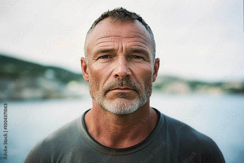 A rugged man in his middle age, sporting short hair and a beard, stands outside while directly looking at the viewer, suggesting strength and resilience. A rugged man in his middle age, sporting short hair and a beard, stands outside while directly looking at the viewer, suggesting strength and resilience.