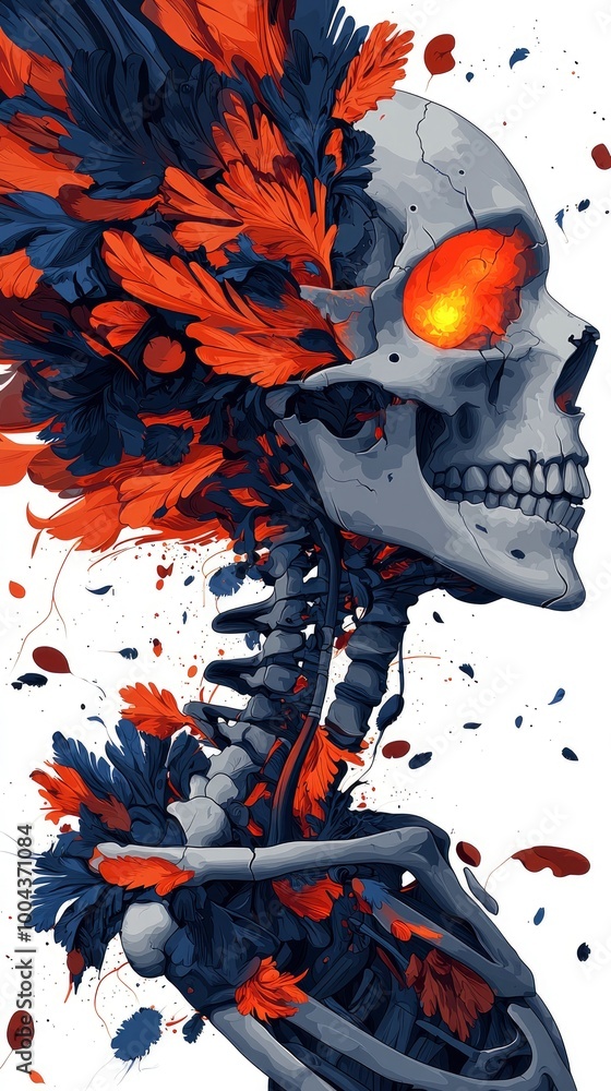Fotografie Skull with Feathers and Glowing Eye