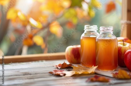 Freshly Bottled Apple Juice With Autumn Leaves and Apples on a Rustic Table