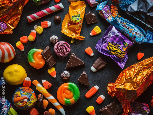 a vibrant and fun image of various Halloween candies scattered on a dark, spooky table. Include candy corn, lollipops, chocolate bars, and colorful wrappers to emphasize the festive spirit.