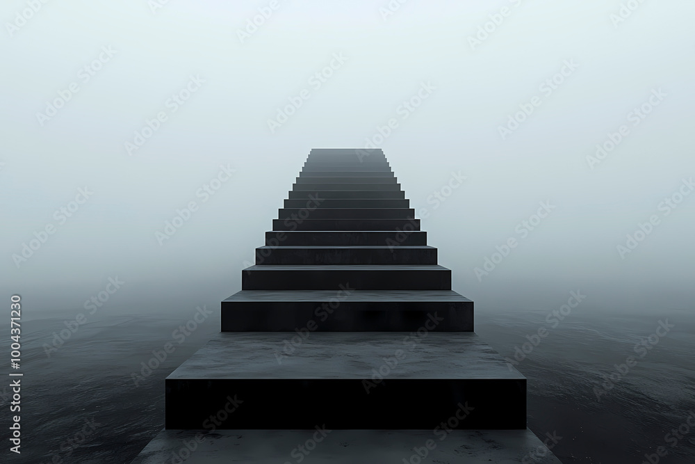 Obraz premium A dramatic depiction of an endless black staircase disappearing into the fog, evoking feelings of mystery and the unknown, rendered in a minimalist style.
